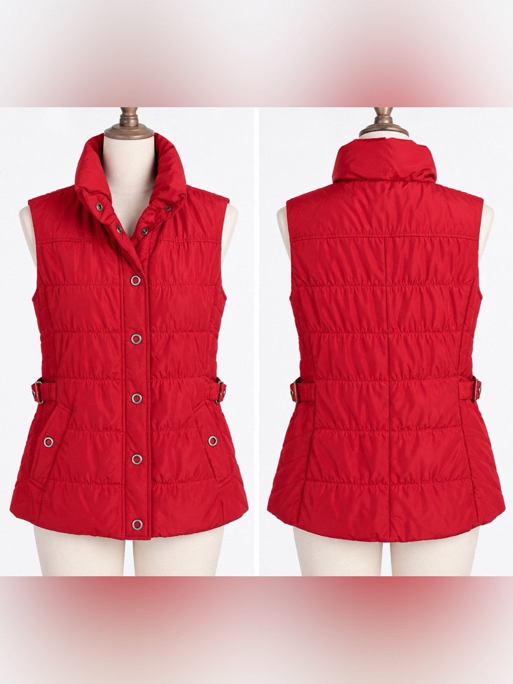 Tribal Womenโs Medium Red Quilted Puffer Vest Longline Snap Front Buckle Tabs